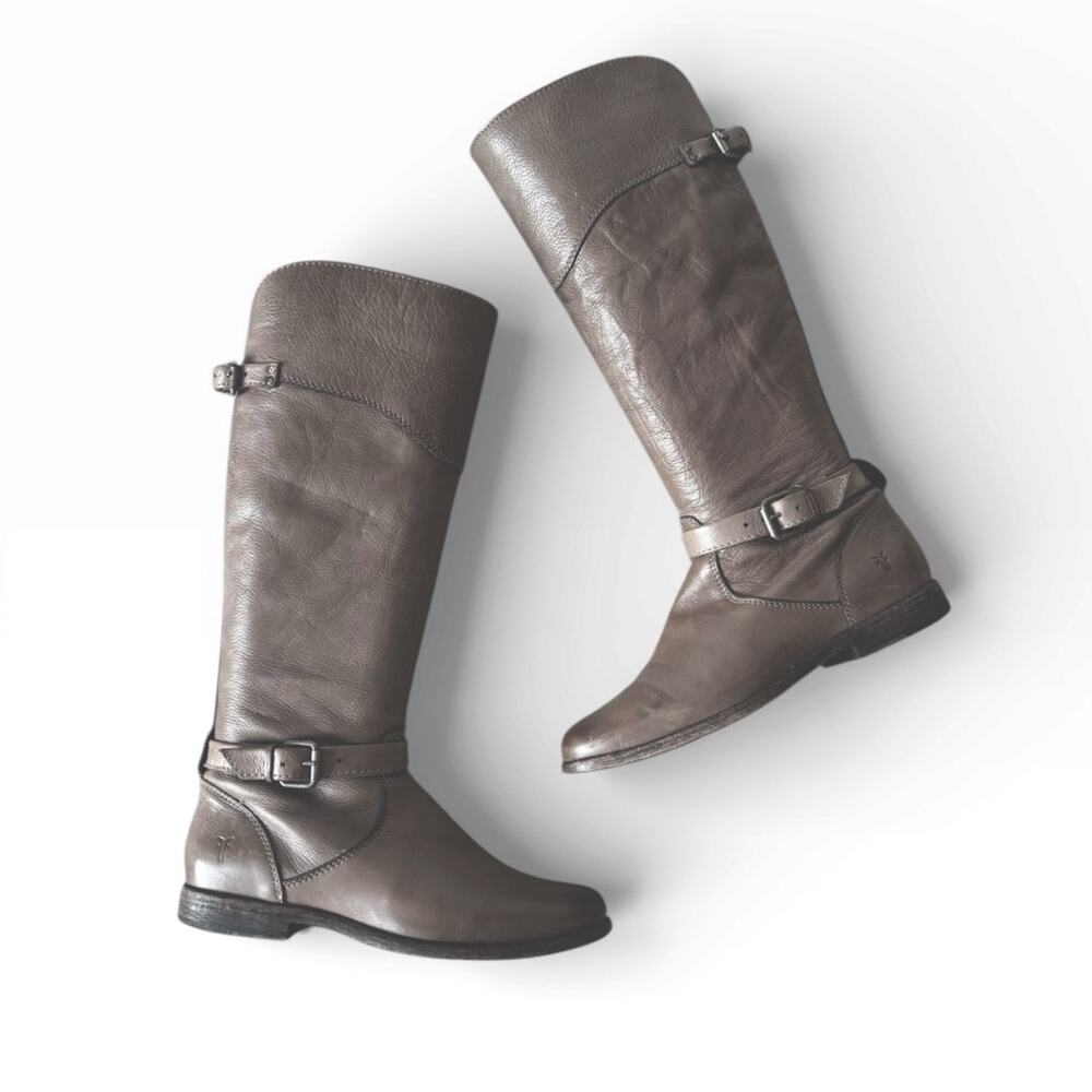 Frye Phillip Women's Size 9.5 B Riding Boots Tall Leather Gray Buckles Side Zip - Picture 10 of 13